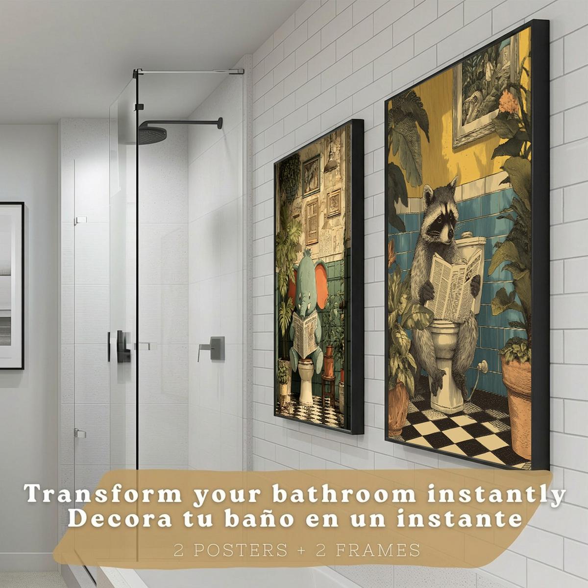 POSTER 2er-Set lustige Badezimmer-Kunstdrucke, Bilder mit lustigen Tieren auf der Toilette, witzige, Badezimmerdekoration, Dusche Schwarzer Rahmen A4 - Schwarz, Papier (29.7/21/3cm) - Nacnic