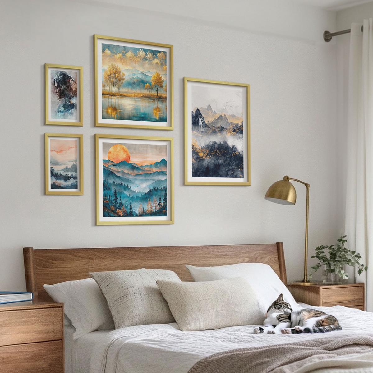 BILDER SET 5er Set - 50x50 cm & 20x30 cm & 40x60 cm Goldrahmen - Tropische Pflanzen, Vögel, Natur - Goldfarben, Kunststoff (40/60cm) - TULUP