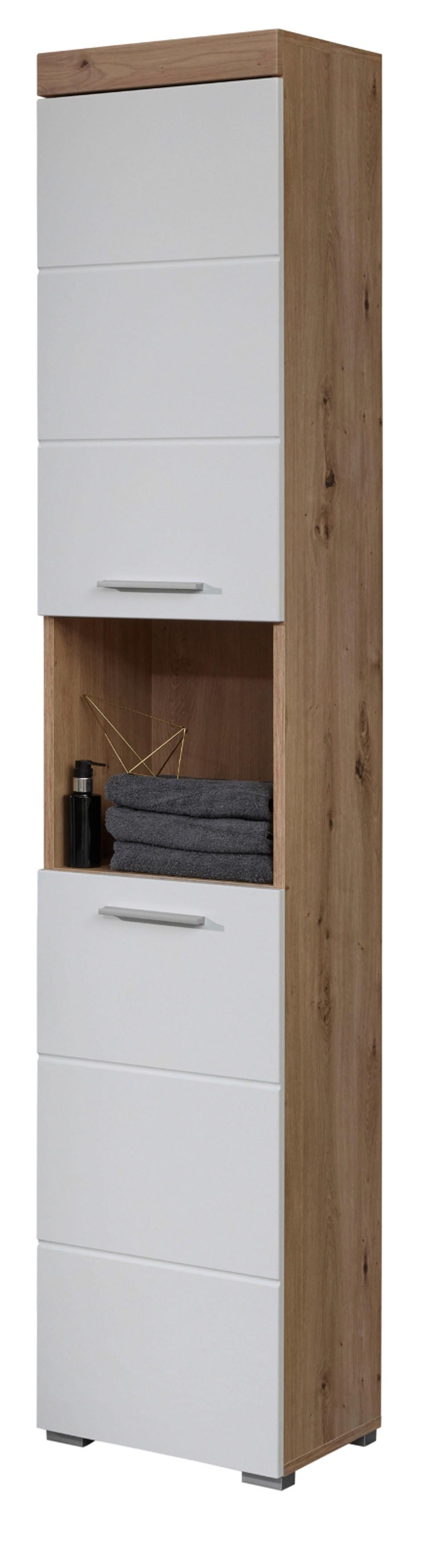 HOCHSCHRANK weiß Hochglanz, Asteiche 37 cm, Badschrank in modernem Design - Eichefarben/Weiß, Holzwerkstoff/Kunststoff (37/190/31cm) - Top.Furn
