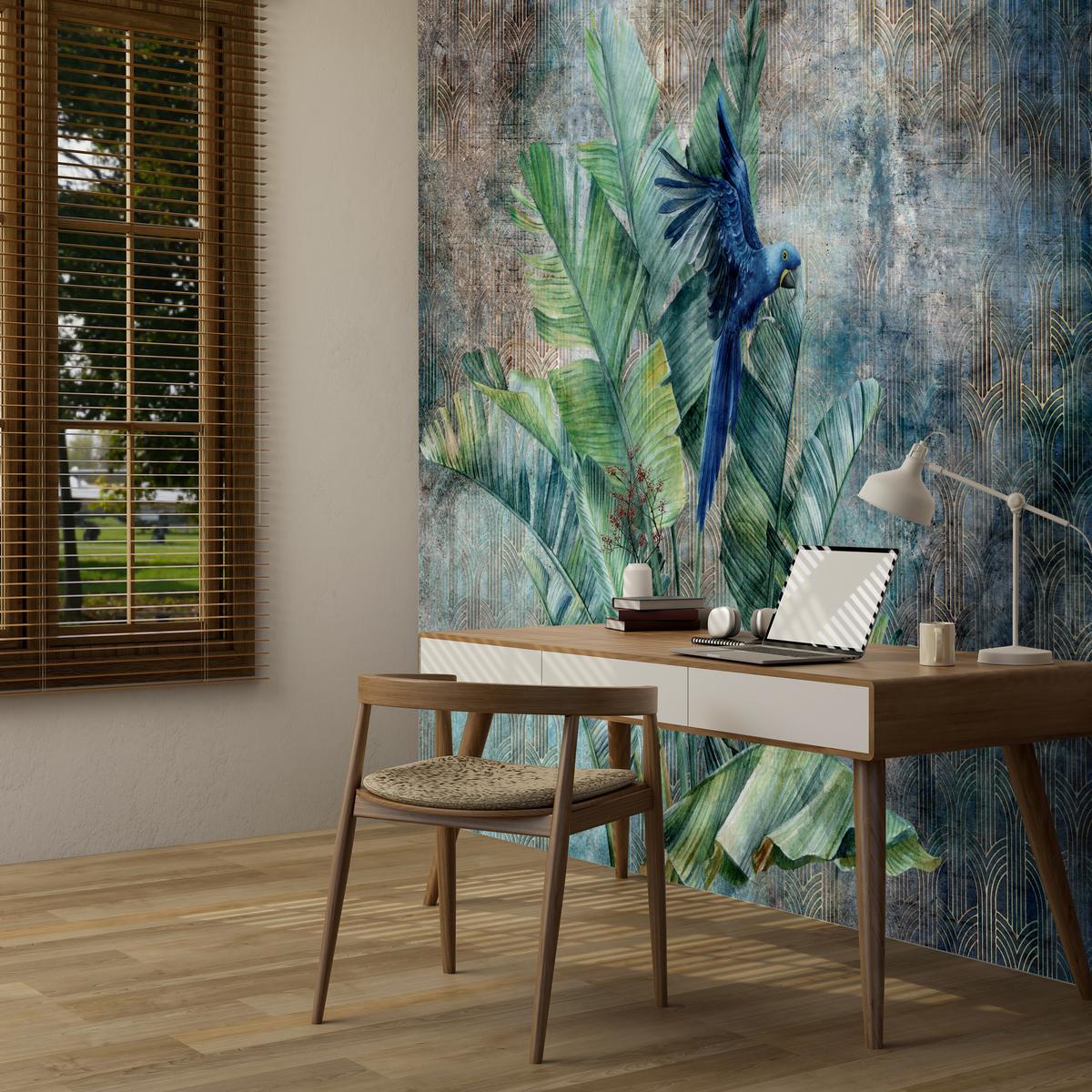 FOTOTAPETE für Wohnzimmer Retro Papuga Tropische Blätter 500x350 - Blau/Braun, Papier (500/350cm) - Muralo
