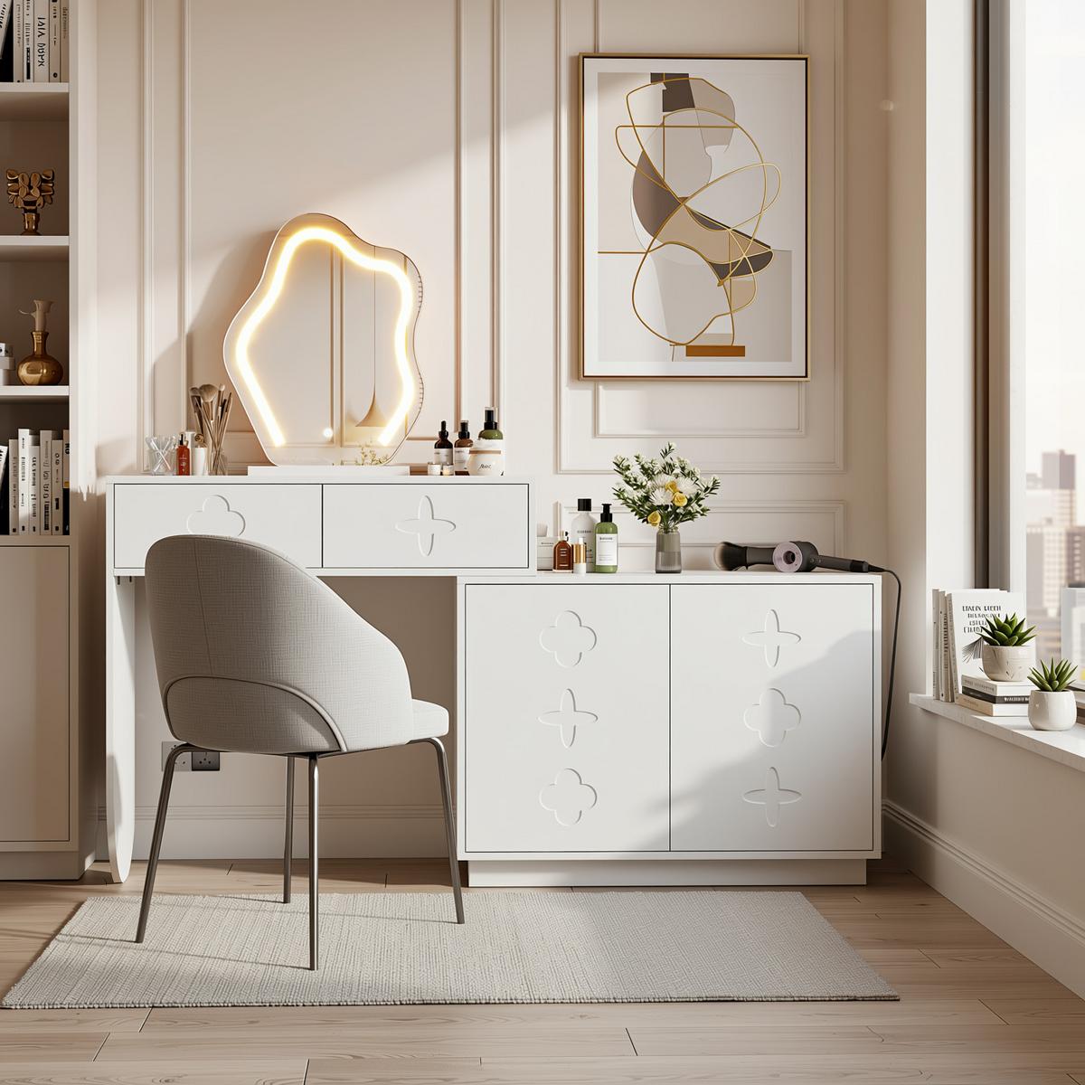 SCHMINKTISCH mit LED-Spiegel & flexiblem Seitenschrank - Weiß, Holzwerkstoff (160/132/40cm) - Urban Meuble