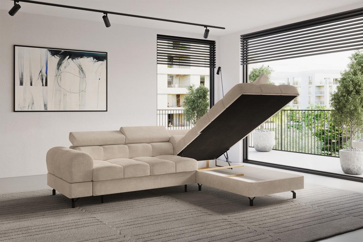 ECKSOFA mit Schlaffunktion Ottomane Rechts LUMA-L 272x203x70 Beige Velours - Sandfarben/Schwarz, Holzwerkstoff/Kunststoff (203/272cm) - ALTDECOR