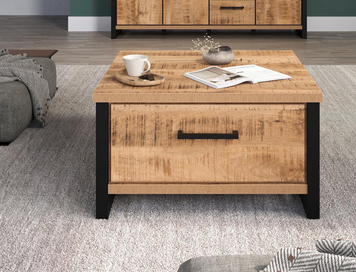 COUCHTISCH Mango, schwarz quadratisch 80 x 80 cm, Beistelltisch mit zwei Schubladen - Schwarz/Naturfarben, Holzwerkstoff/Kunststoff (80/80/45cm) - Top.Furn