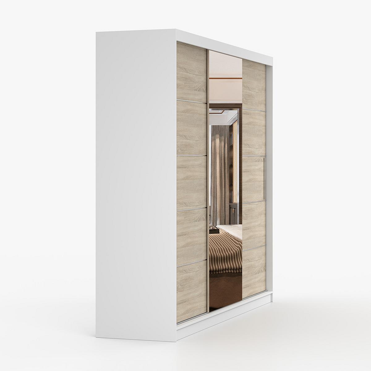 SCHWEBETÜRENSCHRANK Alba Weiß/Sonoma Eiche mit Spiegel, ohne LED Beleuchtung 250 cm - Alufarben/Weiß, Glas/Holzwerkstoff (250/218/61cm) - imoebel24