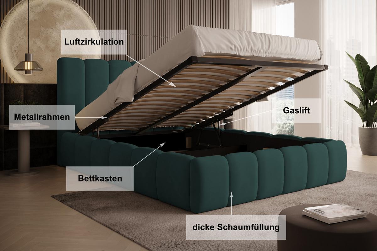 POLSTERBETT Vilo 180x200 mit Bettkasten und Stabilem Metallgestell - Türkis, Textil (180/200cm) - Storez24
