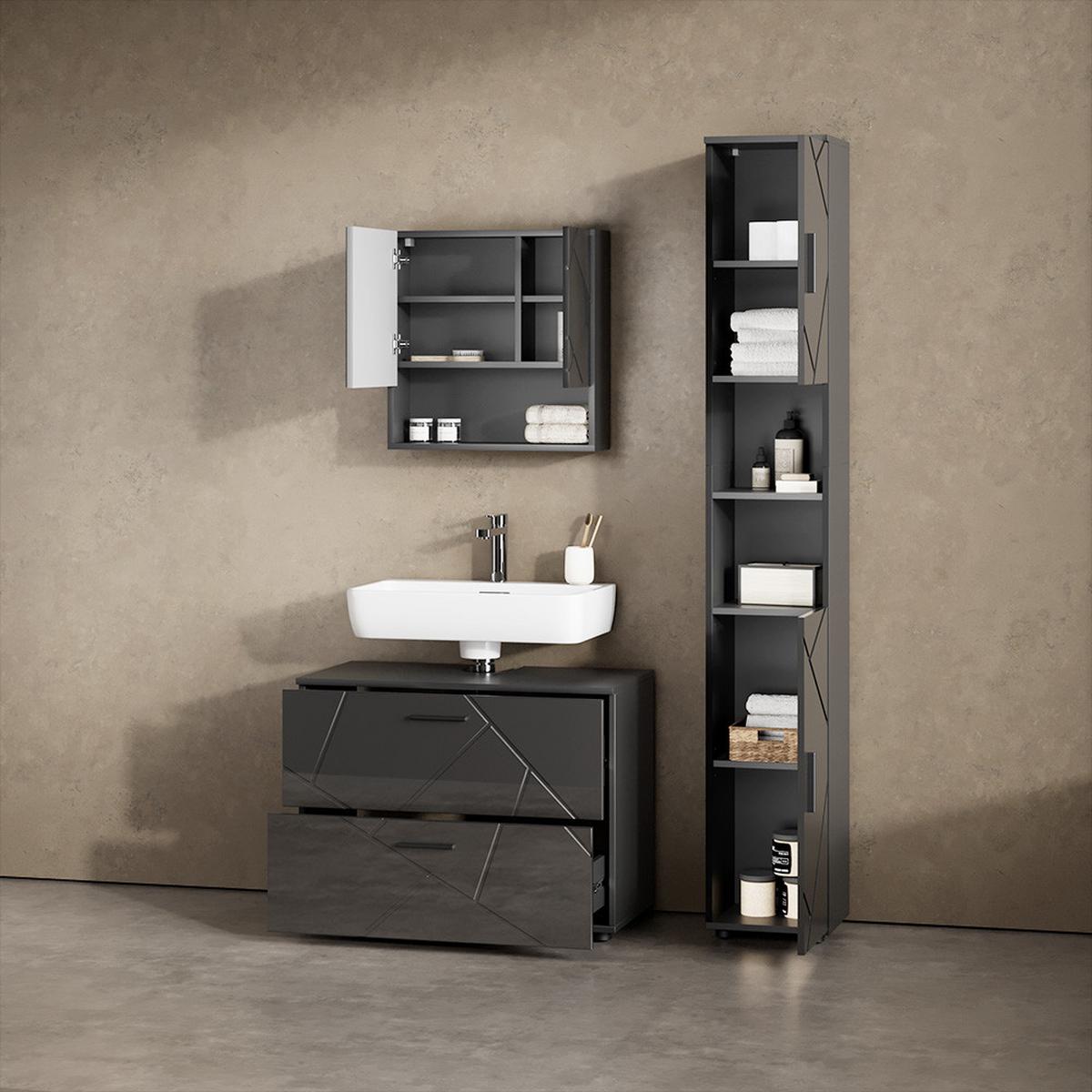 BADSPIEGELSCHRANK Ronco Anthrazit Hochglanz 54 x 55 cm - Schwarz Hochglanz, Holzwerkstoff (54/55/16.9cm) - Livinity®