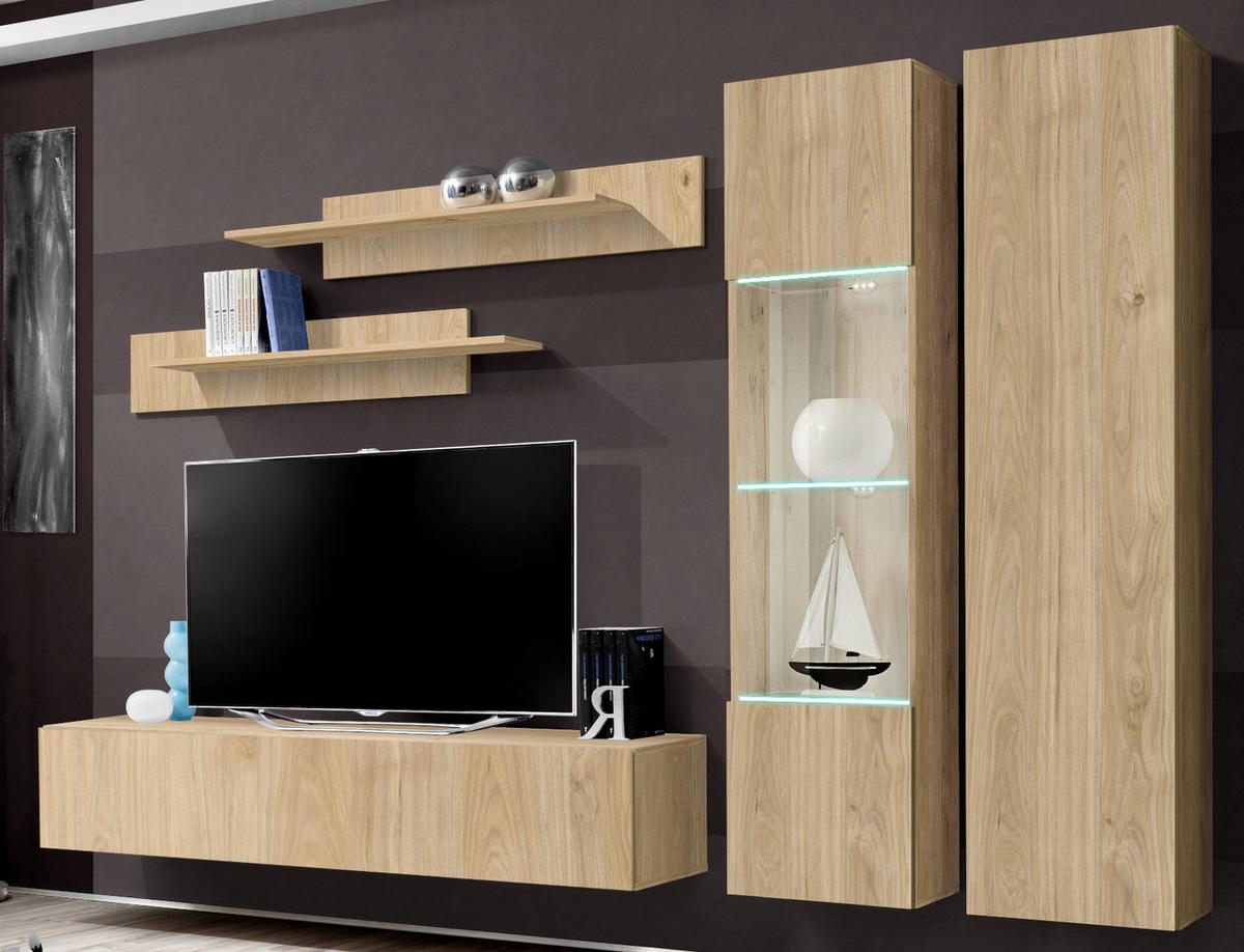 WOHNWAND Eiche Jackson 260 cm 5-teilig hängend, Anbauwand mit LED-Beleuchtung - Eichefarben, Glas/Holzwerkstoff (260/170/40cm) - Inn.Furn