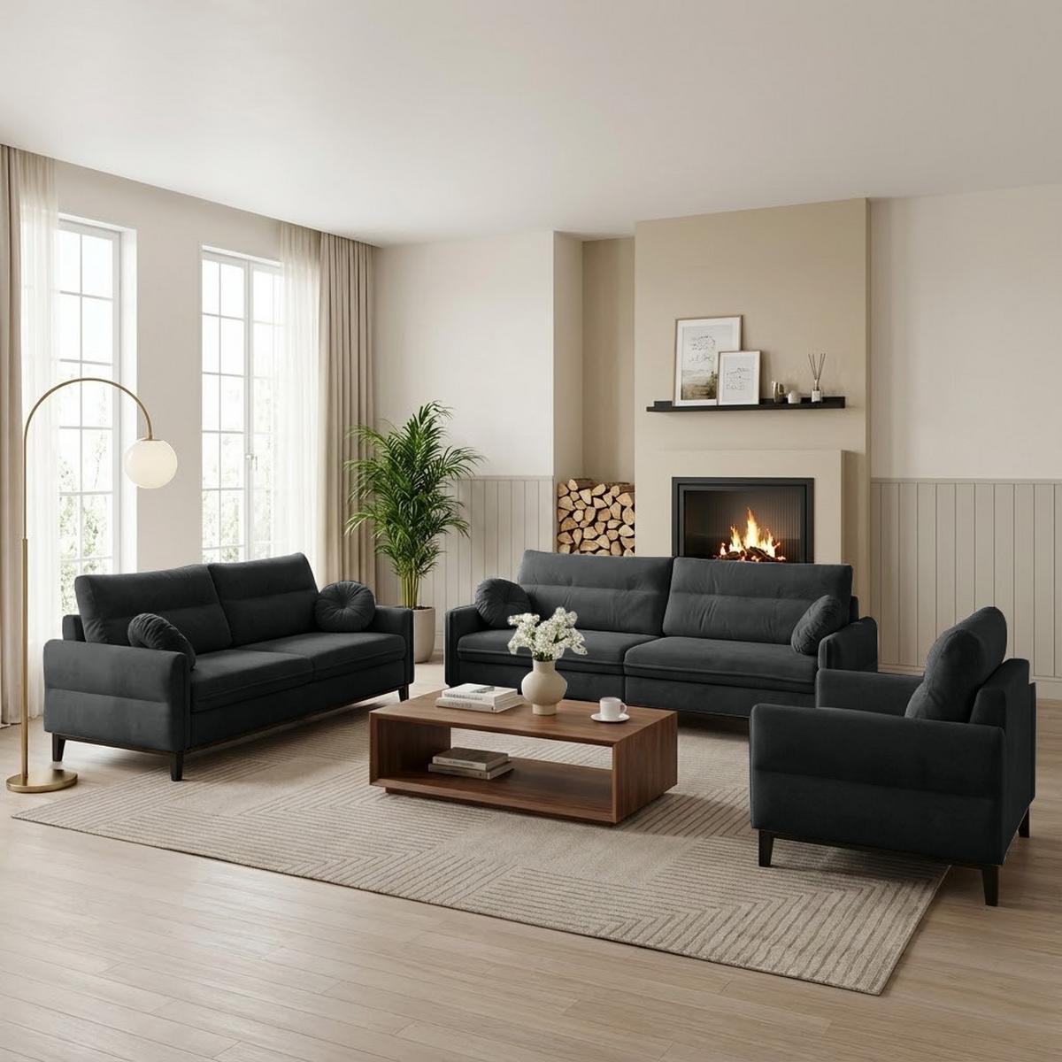 SITZGARNITUR Belweder, zwei Sofas+Sessel, Dunkelgrau, Velours - Wengefarben/Anthrazit, Holz/Textil (268/95/94cm) - Beautysofa
