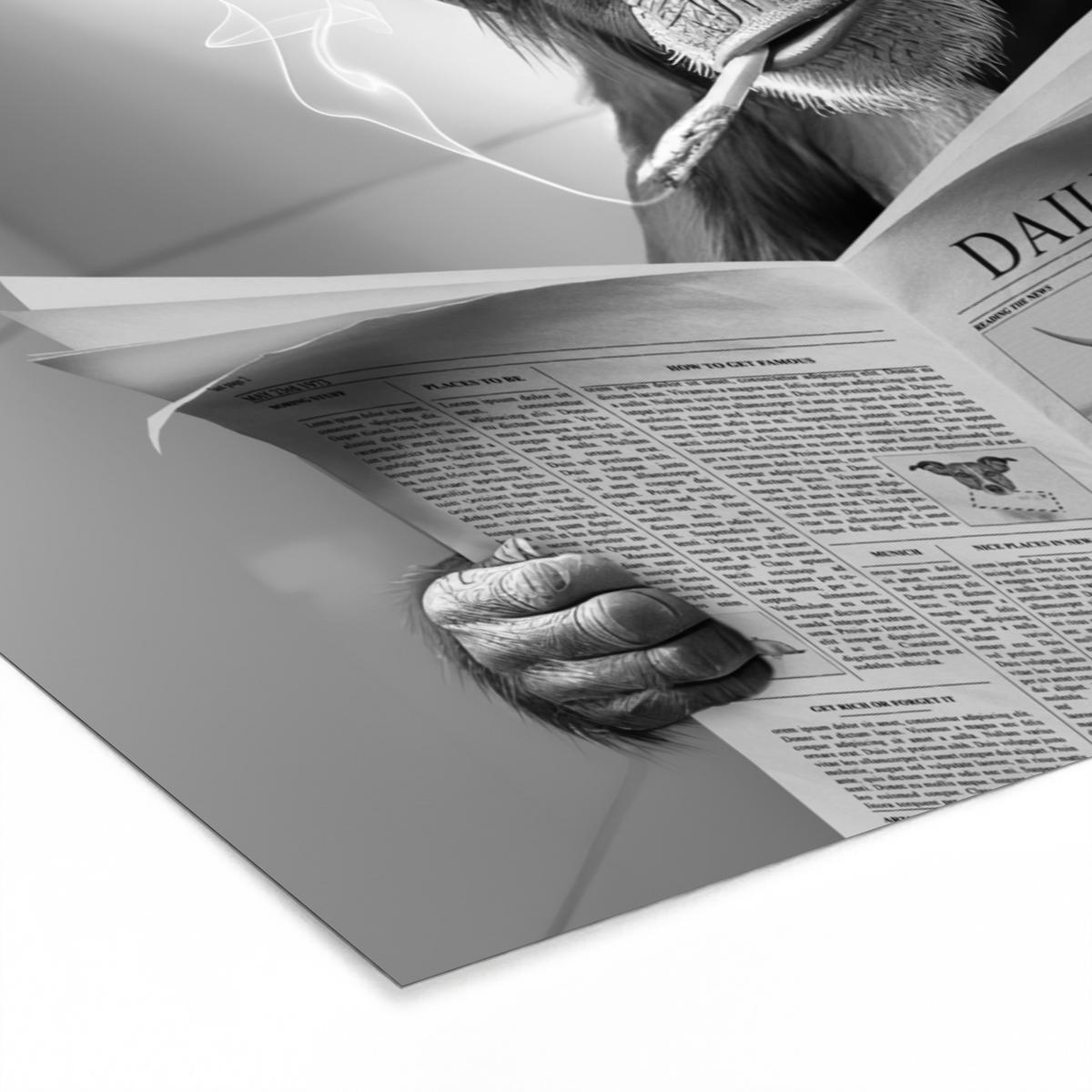 POSTER MIT RAHMENGERAHMTES BILD Affe - WC - Zeitung - Schwarz-Weiß - Humor 30x20 cm - Hellgrau, Papier (30/20cm) - MuchoWow