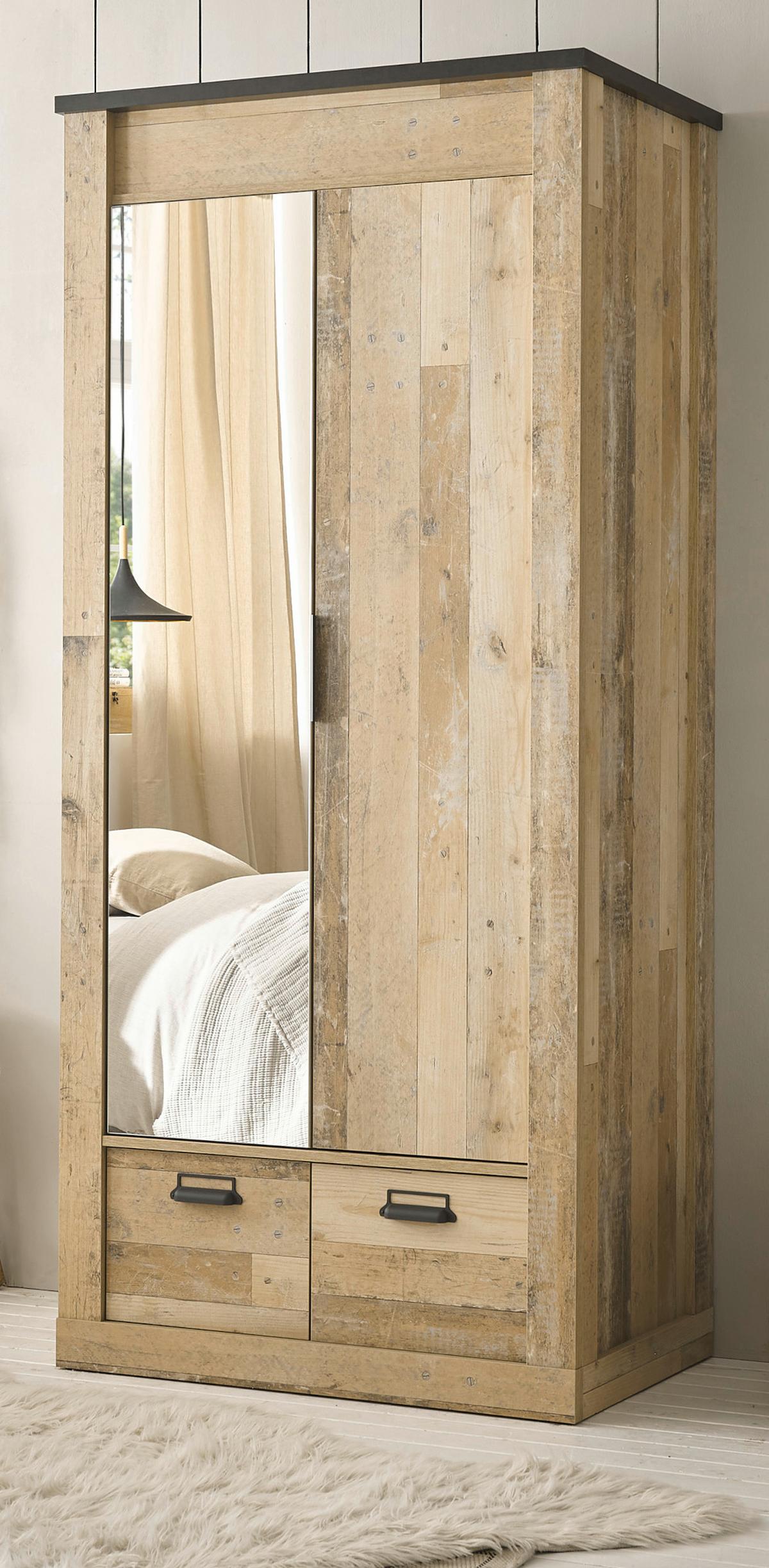 KLEIDERSCHRANK Used Wood hell, dunkles Grau 93 x 209 cm, Drehtürenschrank 2-türig mit Spiegel - Dunkelgrau/Schwarz, Glas/Holzwerkstoff (93/209/63cm) - Furn.Design