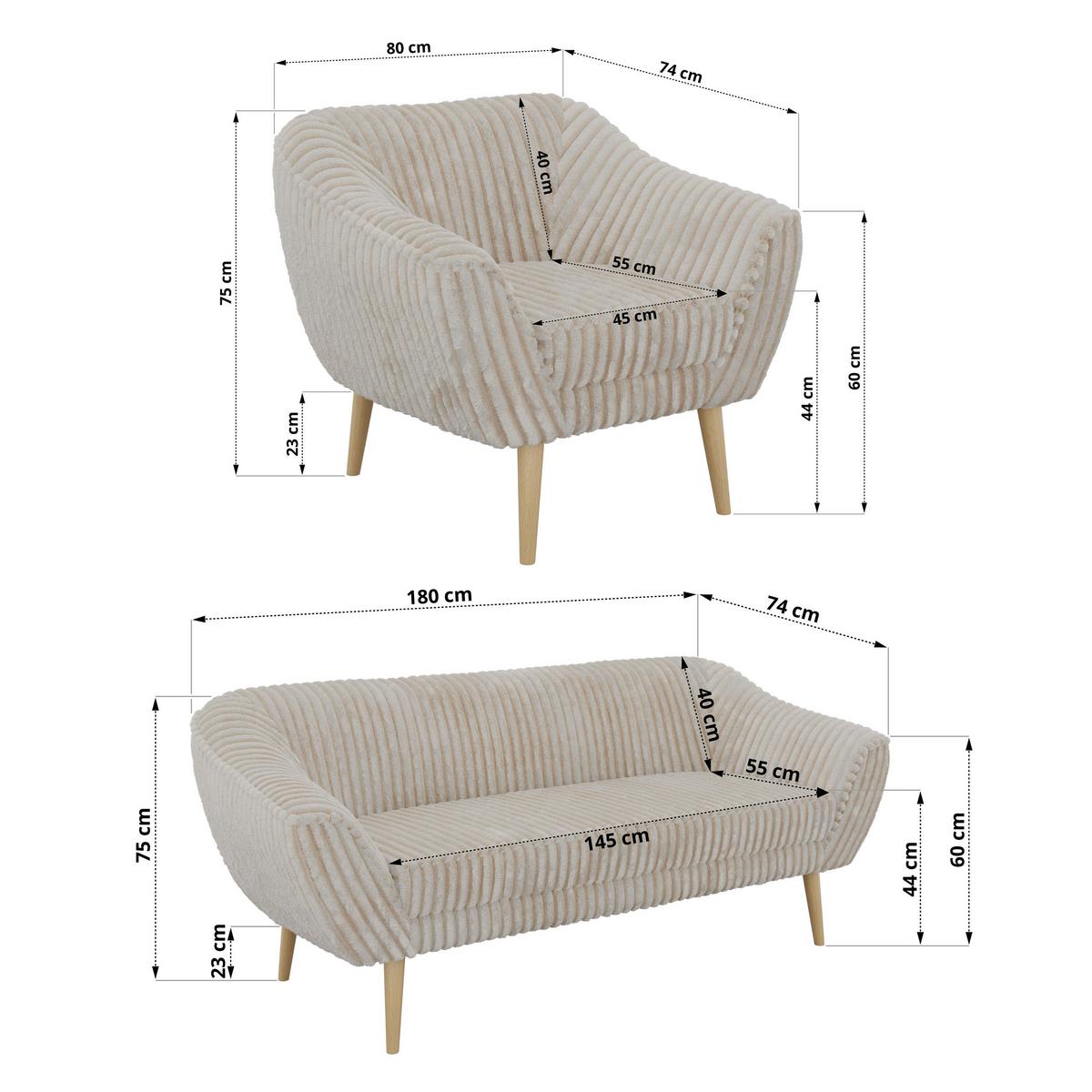 SITZGARNITUR PIRS 3+1+1 - Beige Cord - Holzbeine - Beige/Buchefarben, Holzwerkstoff/Textil (180/75/74cm) - MKS