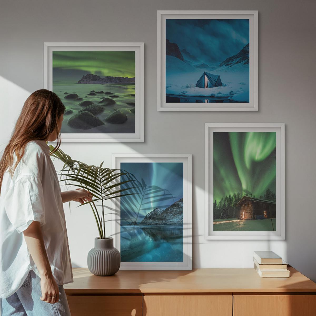BILDER SET 4er Set - 50x50 cm & 40x60 cm Weißer Rahmen - Winterlandschaften, Nordlichter, Berge - Weiß, Kunststoff (50/50cm) - TULUP
