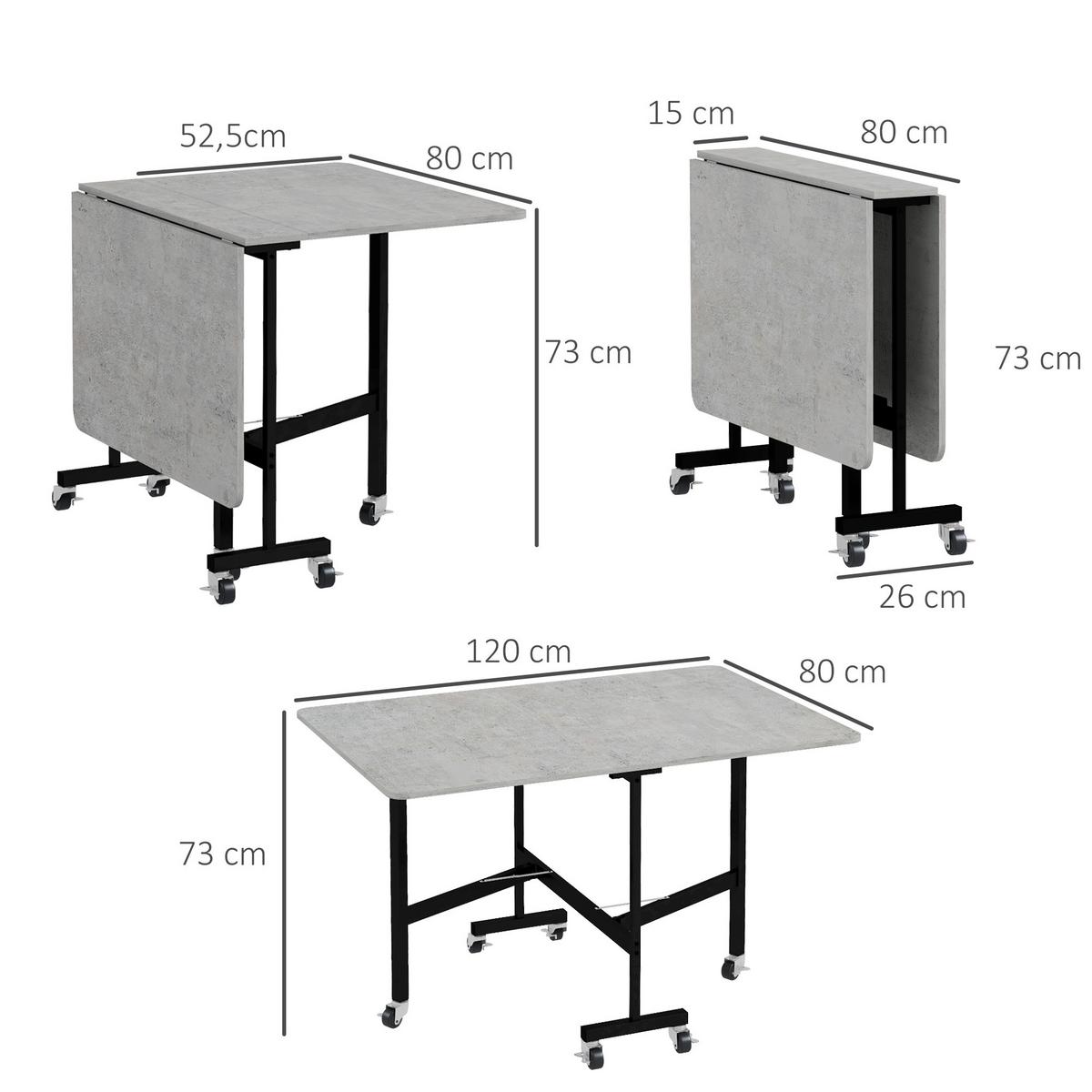 ESSTISCH, Küchentisch mit Rollen, Klapptisch für 4-6 Personen, für Küche, Grau - Schwarz/Grau, Holzwerkstoff/Metall (120/80/73cm) - HOMCOM