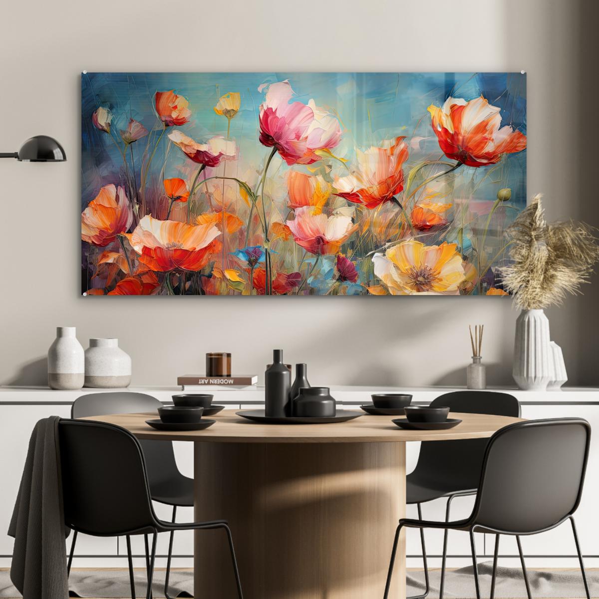 ACRYLGLASBILD Blumen - Aquarell - Kunst - Botanisch - Natur 120x60 cm - Orange, Glas (120/60cm) - MuchoWow