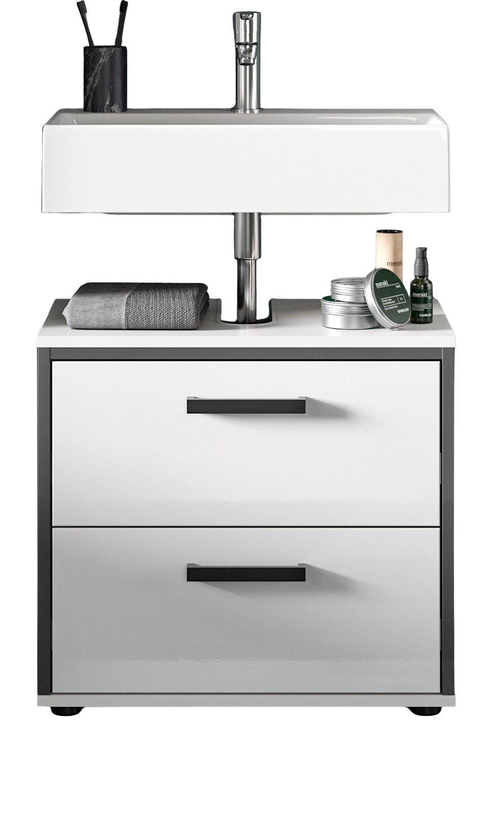 WASCHBECKENUNTERSCHRANK weiß Hochglanz, grau 60 cm, Unterschrank mit Schubkästen - Weiß Hochglanz/Schwarz, Holzwerkstoff/Kunststoff (60/55/37.5cm) - Inn.Furn
