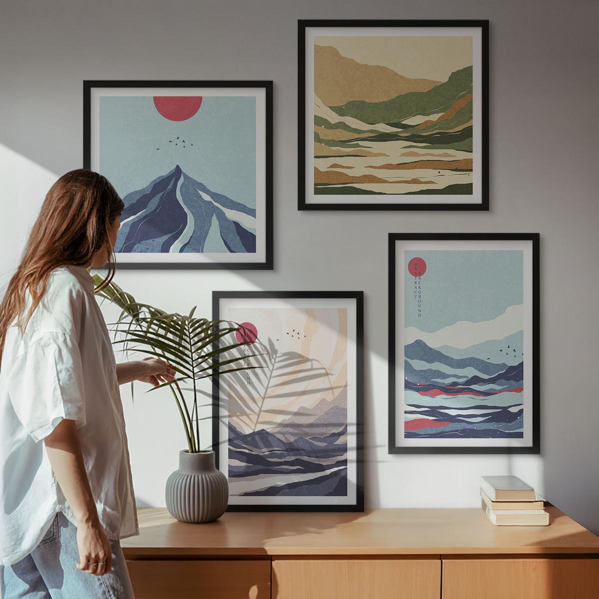 BILDER SET 4er Set - 50x50 cm & 40x60 cm Schwarzer Rahmen - Abstrakte Berglandschaften - Schwarz, Kunststoff (50/50cm) - TULUP