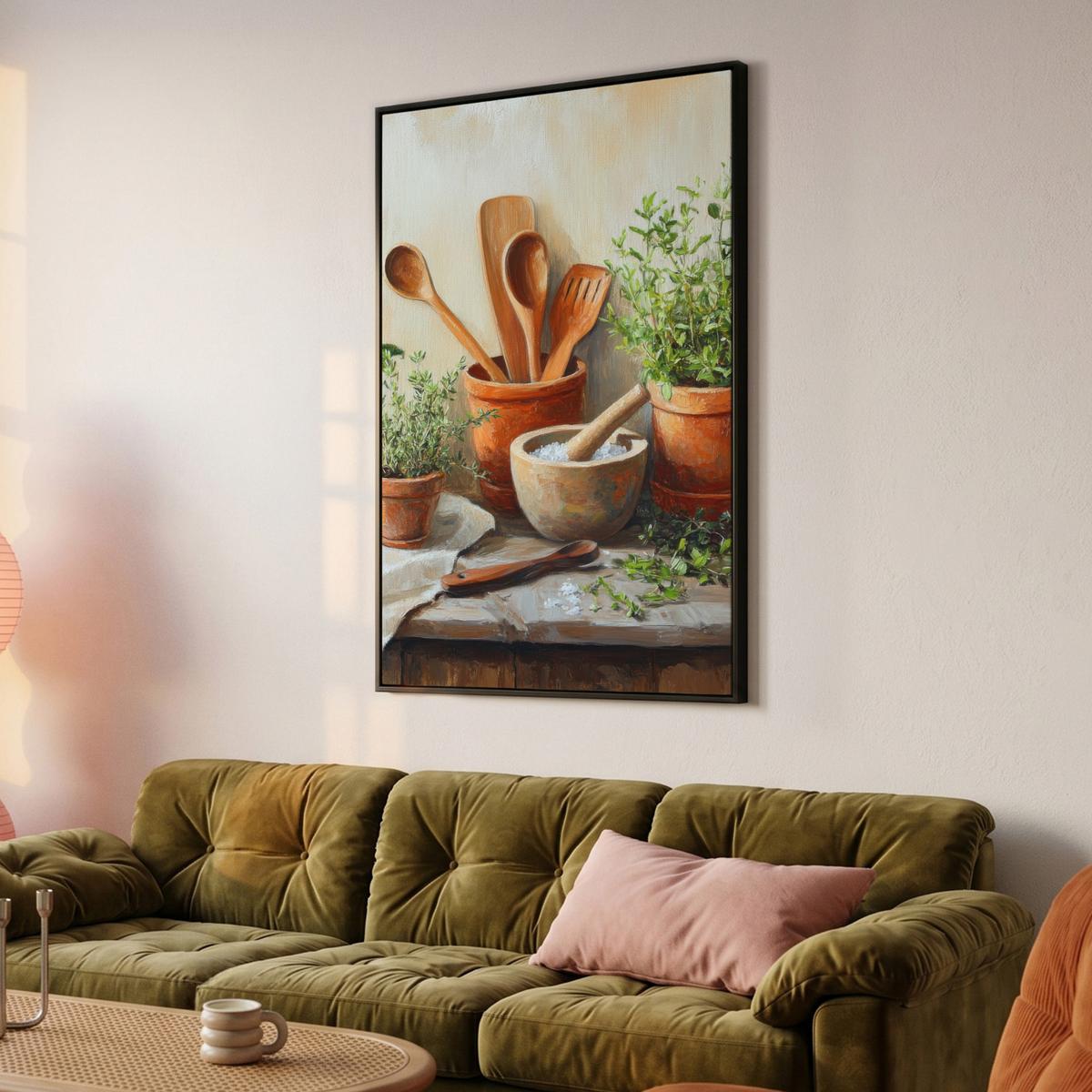 LEINWAND Bilder mit Rahmen - Töpfe - Kräuter - Holz - 90x140 - Terracotta, Textil (90/140cm) - MuchoWow