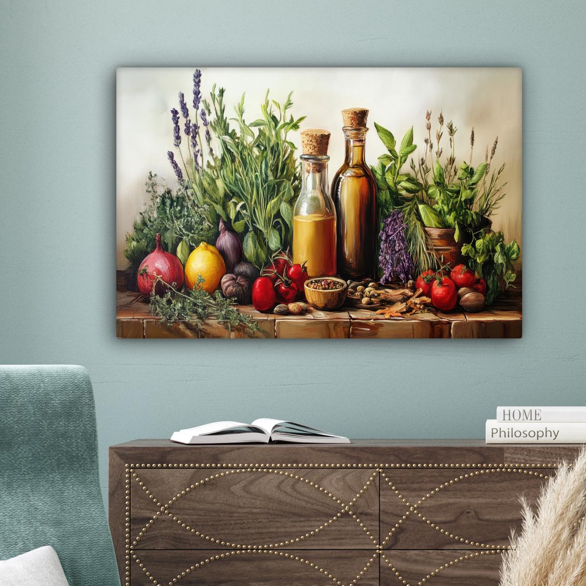LEINWANDBILD Stilleben - Kräuter - Gewürze - Früchte - Farbenfroh Wanddeko 90x60 cm - Grün, Textil (90/60cm) - MuchoWow