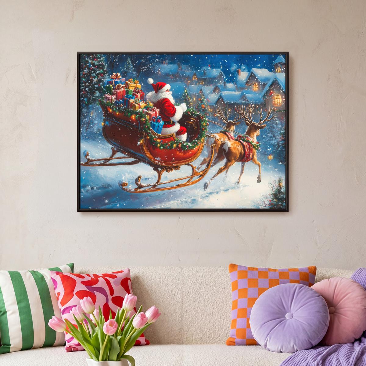 LEINWAND Bilder mit Rahmen - Weihnachtsmann - Rentier - Weihnachten - Schnee - 80x60 - Cognac, Textil (80/60cm) - MuchoWow