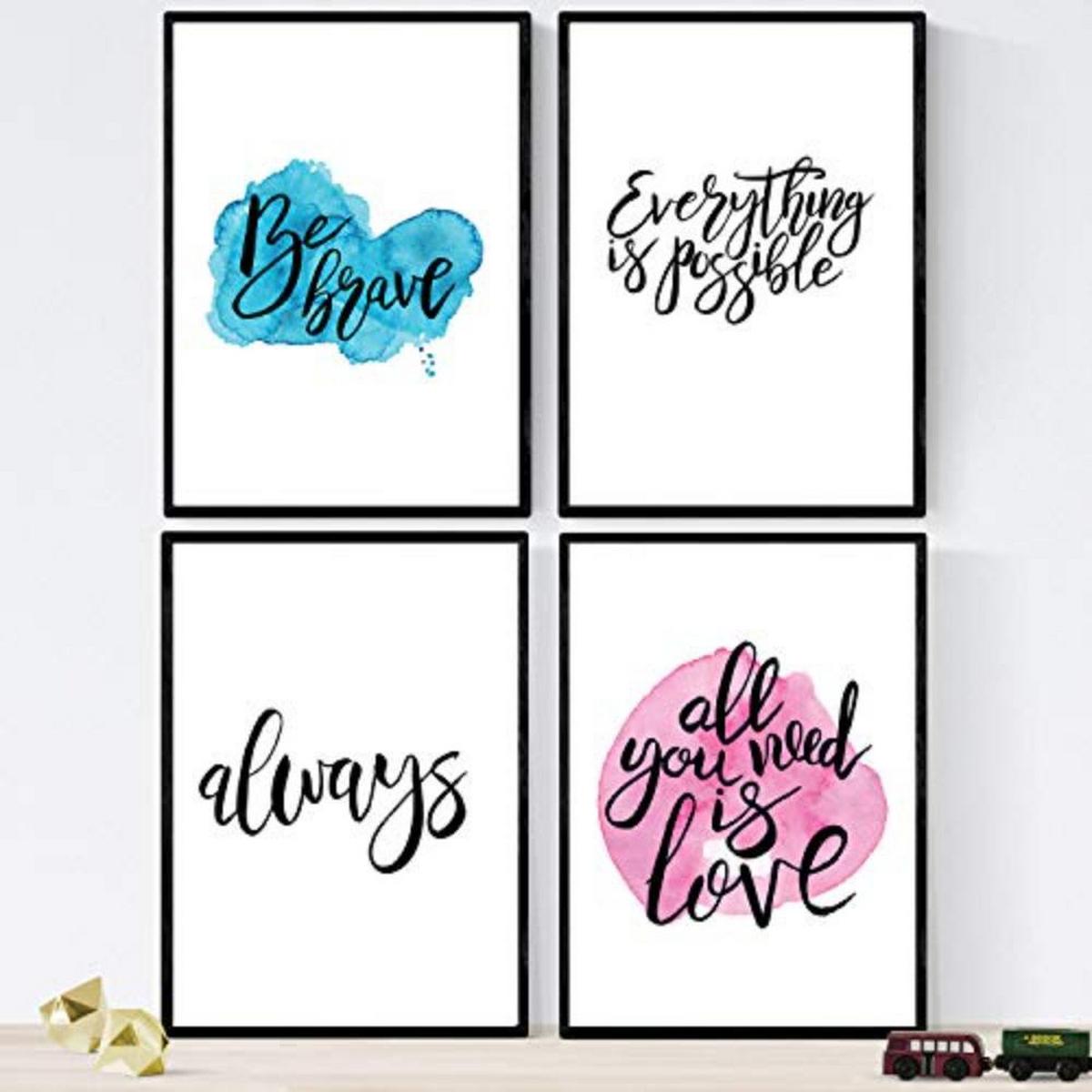 POSTER Set mit 4 glücklich und bunt ‚Immer‘ A4 Schwarzer Rahmen - Schwarz, Papier (29.7/3cm) - Nacnic