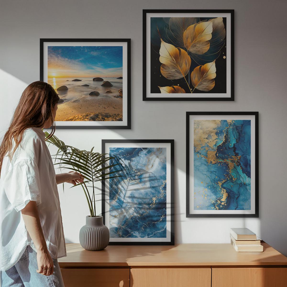 BILDER SET 4er Set - 50x50 cm & 40x60 cm Schwarzer Rahmen - Bilder mit blau-goldenen Mustern - Schwarz, Kunststoff (50/50cm) - TULUP