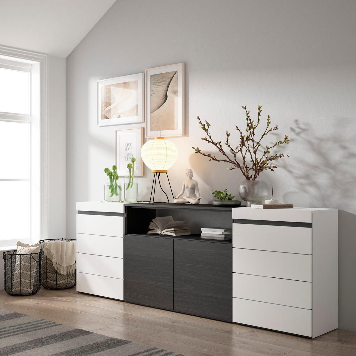 KOMMODE mit Schubladen, SIDEBOARD Schrank, weiß und schwarz, 214/35/75cm - Schwarz/Weiß, Holzwerkstoff (214/75/35cm) - Skraut Home