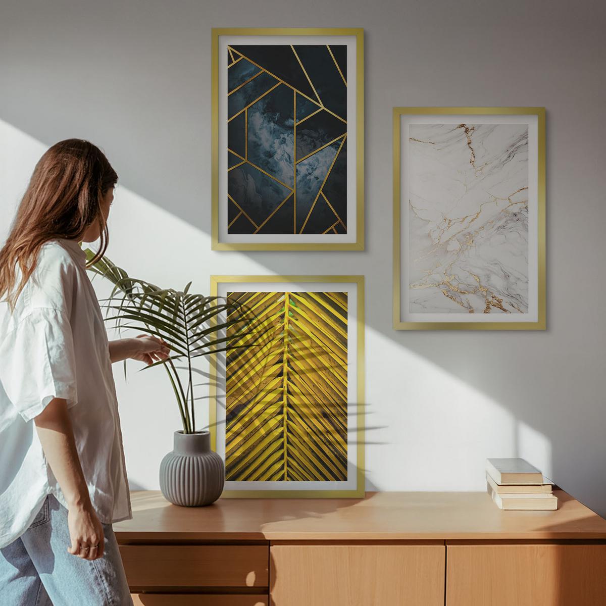 BILDER SET 3er Set - 40x60 cm Goldrahmen - Geometrische Muster und Vegetation - Goldfarben, Kunststoff (40/60cm) - TULUP