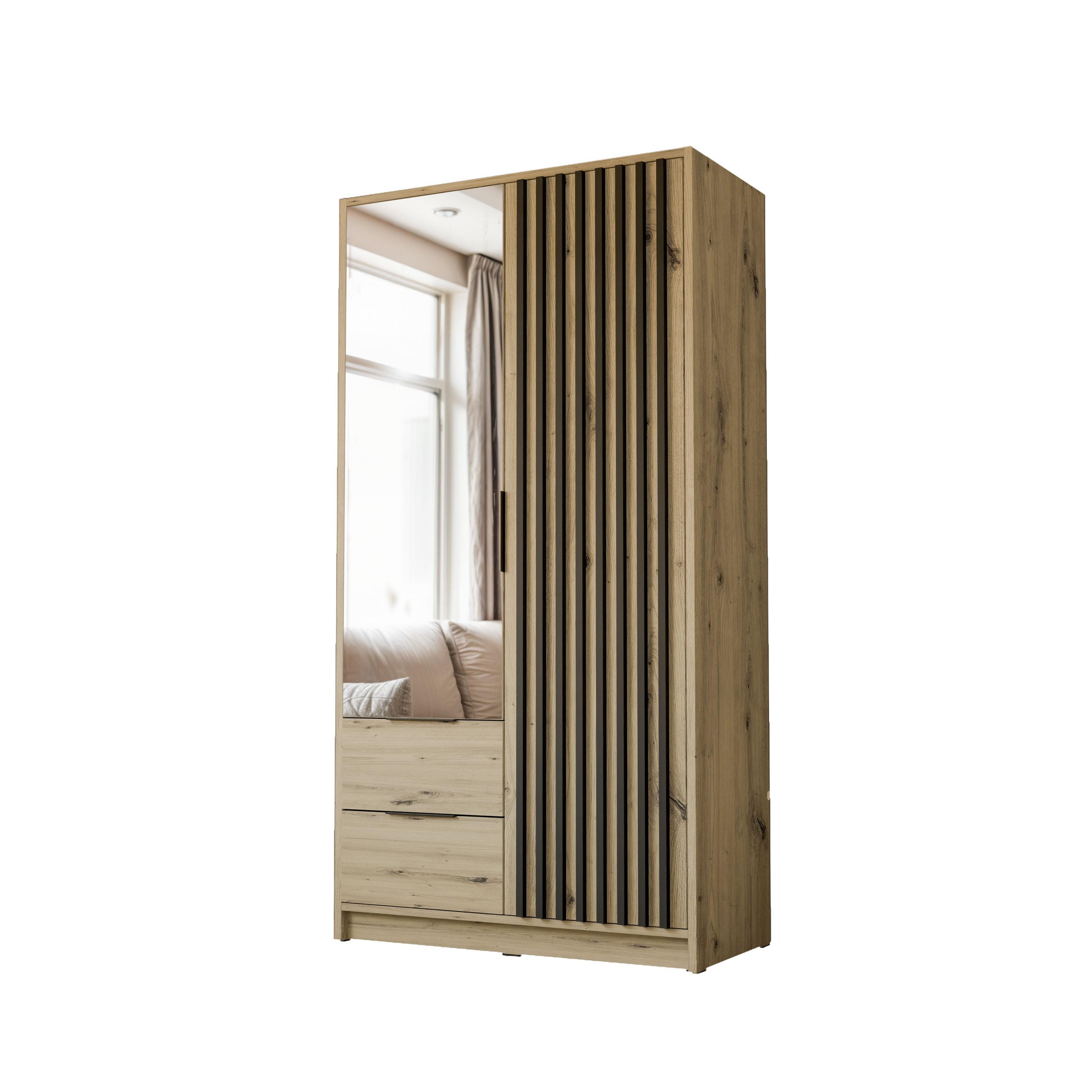 KLEIDERSCHRANK NELA, zweitürig mit Lamellen und Spiegel, 105 cm, Artisan/Schwarz - Eiche Artisan, Holzwerkstoff (105/200/51cm) - Lookway