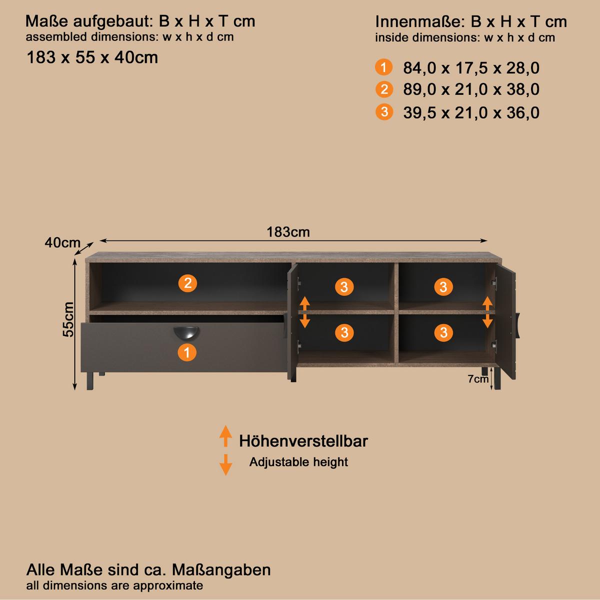 TV-LOWBOARD Bronze und Rostoptik 183 cm, TV Unterteil mit Soft-Close - Rostfarben/Schwarz, Holzwerkstoff/Metall (183/55/40cm) - Top.Furn