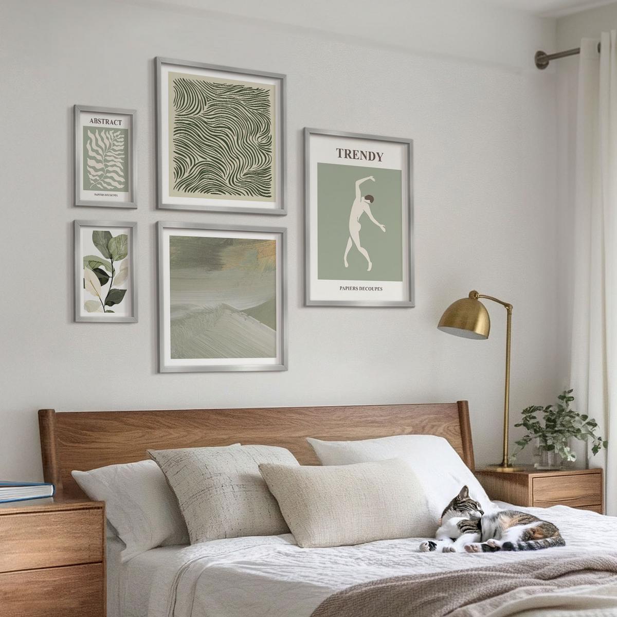 BILDER SET 5er Set - 50x50 cm & 20x30 cm & 40x60 cm Silberner Rahmen - Abstrakte Pflanzenmuster - Silberfarben, Kunststoff (40/60cm) - TULUP