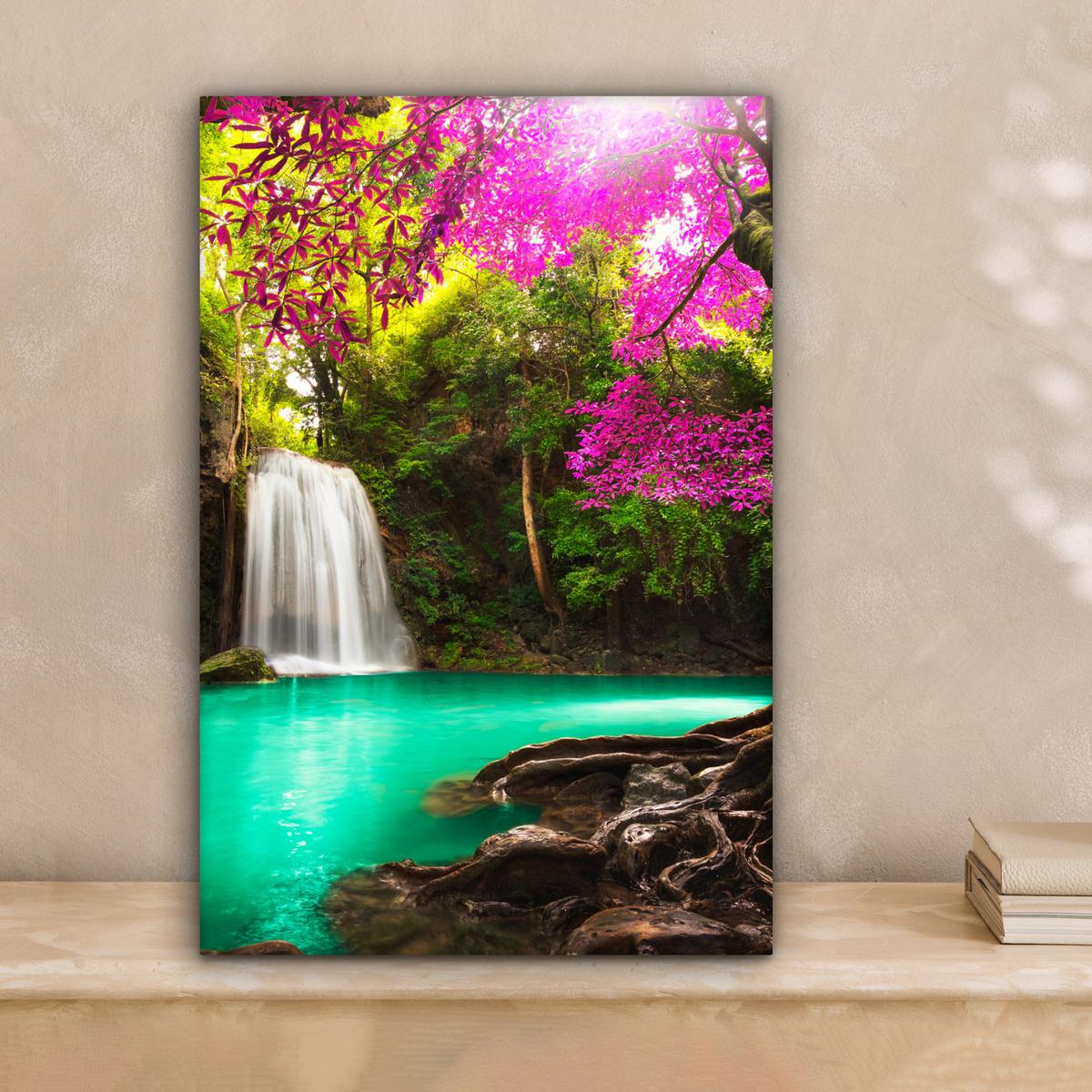 LEINWANDBILD Wasserfall mit bunten Blumen und Bäumen - Natur - Dschungel Deko Wohnzimmer 20x30 cm - Waldgrün, Textil (20/30cm) - MuchoWow