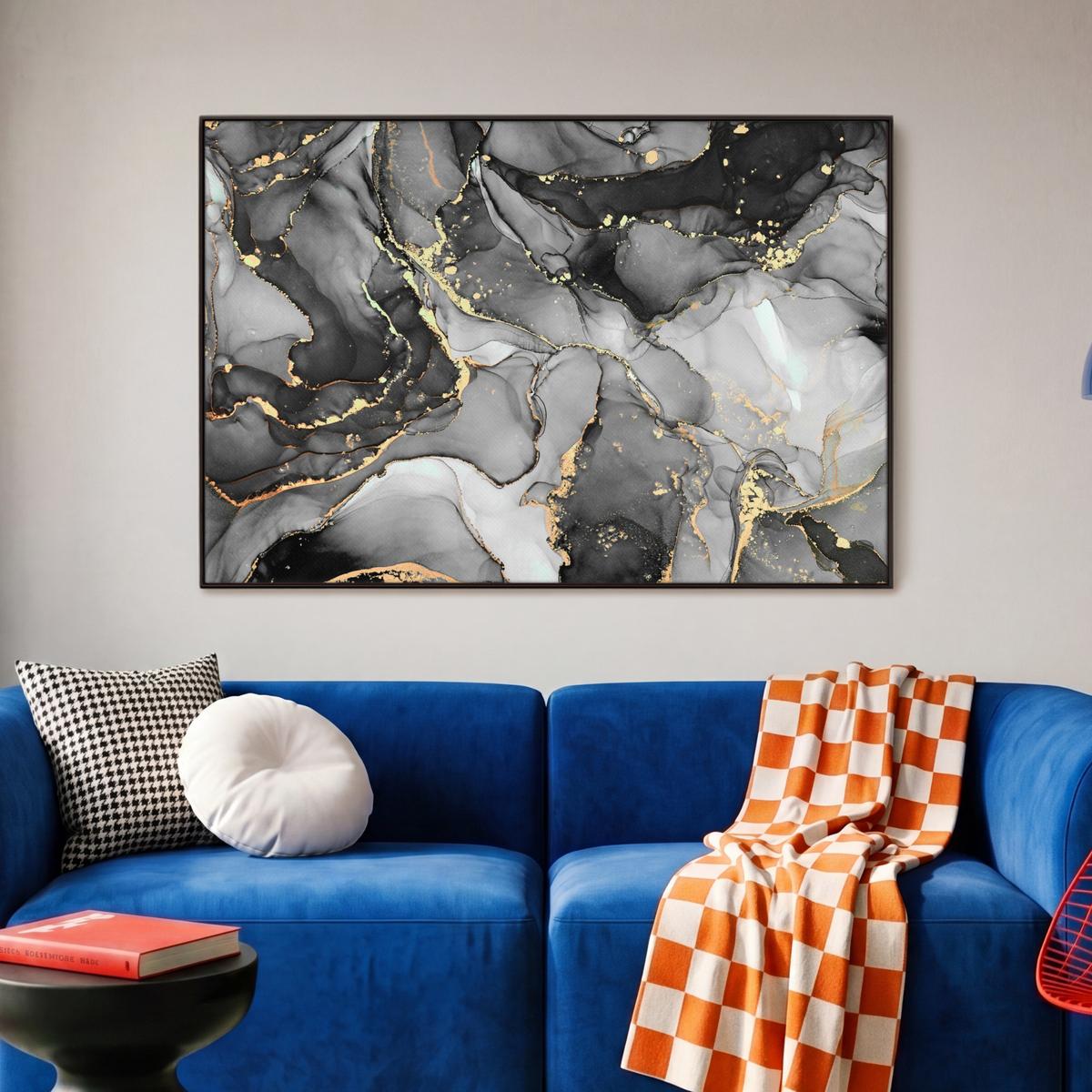 LEINWAND Bilder mit Rahmen - Grau - Luxus - Gold - Marmor - 90x60 - Dunkelgrau, Textil (90/60cm) - MuchoWow
