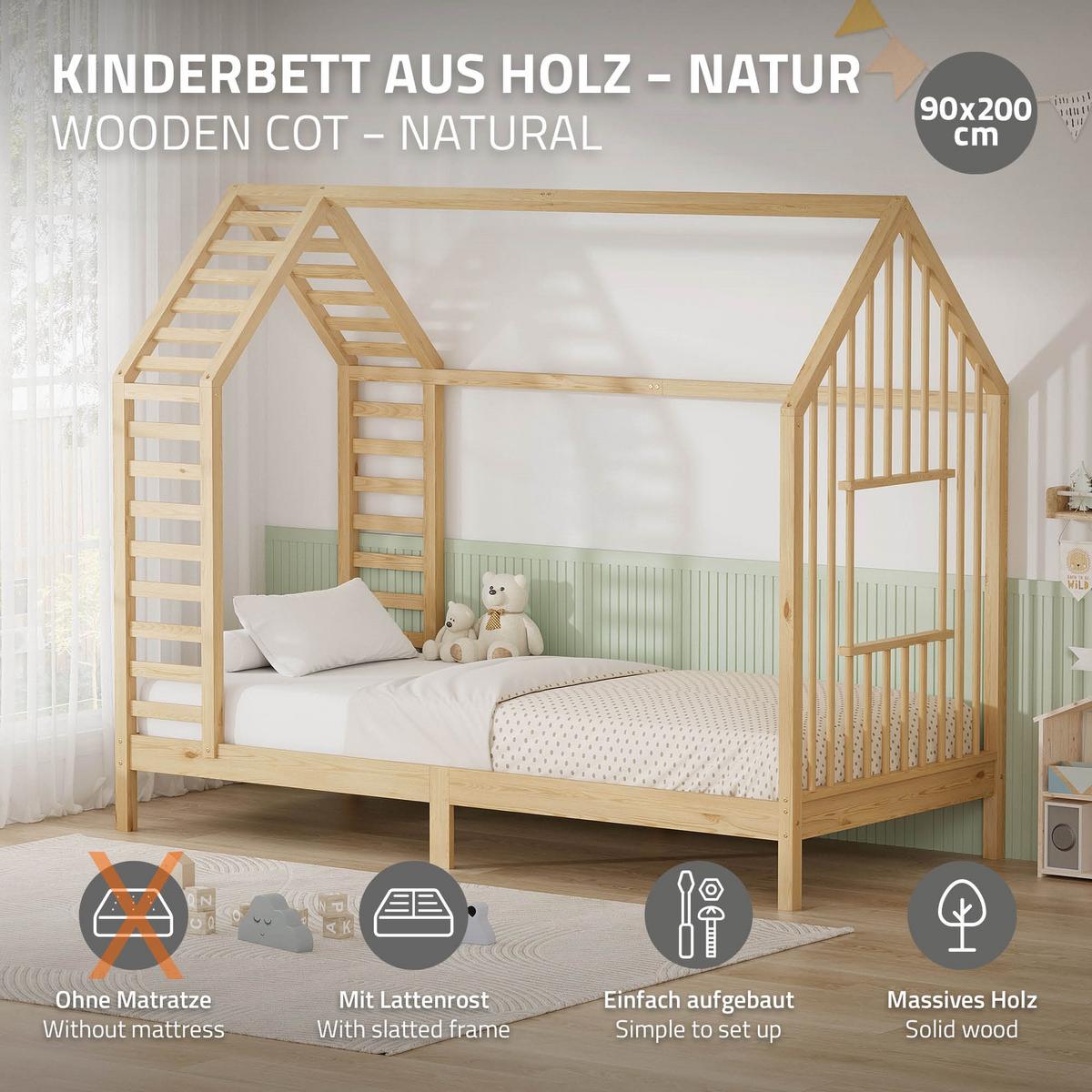 KINDERBETT 90x200 cm mit Lattenrost Dach und Fenster Hausbett aus massivem Kiefernholz Natur - Naturfarben, Holz (90/200cm) - ML-DESIGN