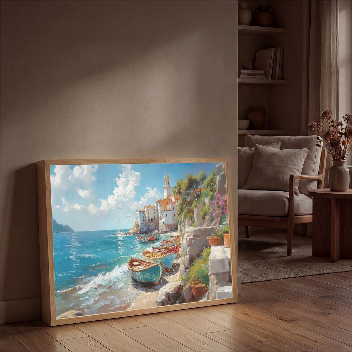 WANDLEUCHTE MIT AKKU Boote - Felsen - Meer - Sonne 100x70 cm - Blau, Holzwerkstoff (100/70/8cm) - OnlyWow