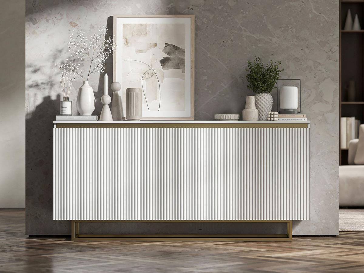 SIDEBOARD Selene 3D Weiß Matt mit geriffelten Fronten Glamour 167 cm - Goldfarben/Weiß, Holzwerkstoff/Metall (167/79/35cm) - Meble Lindner