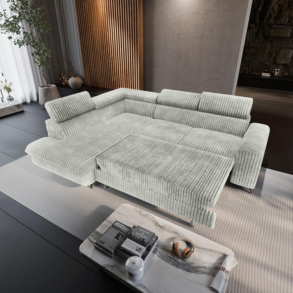 ECKSOFA VELISS Hellgrau Kordstoff mit Schlaffunktion - Hellgrau, Holz (255/193cm) - MASSENO