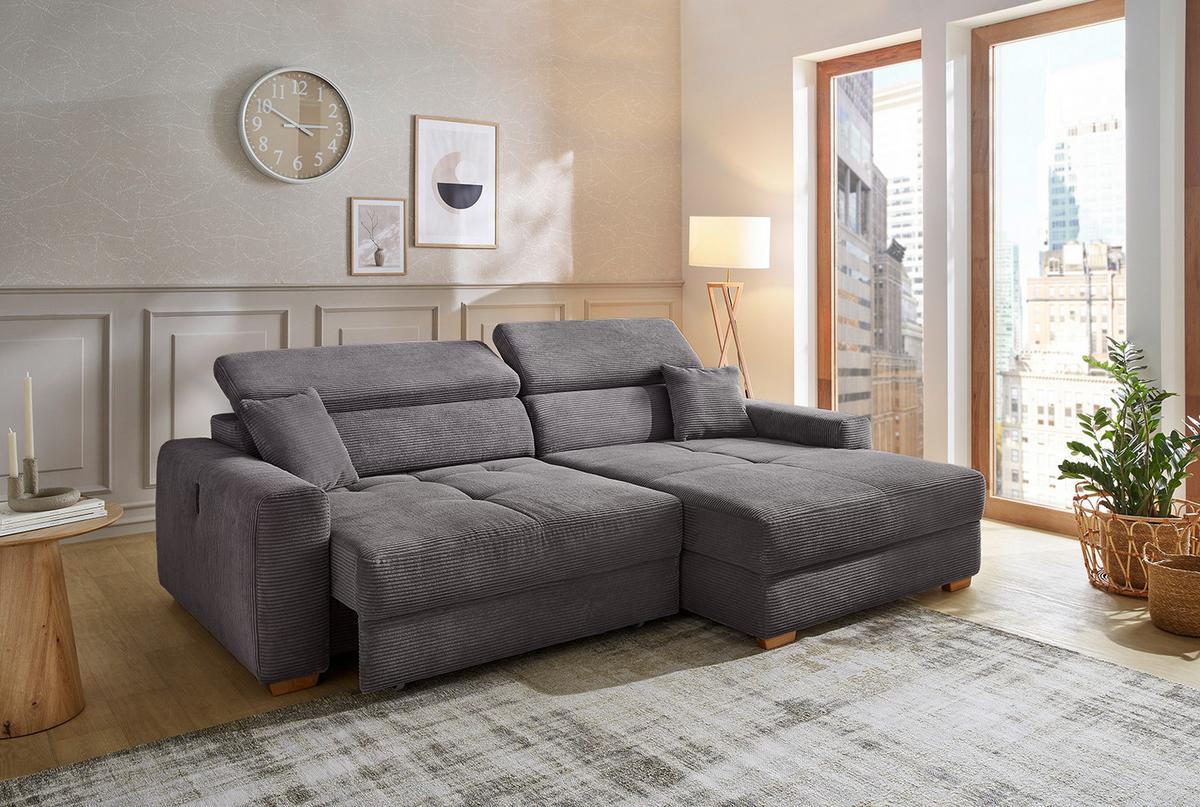 ECKSOFA mit elektrischer Sitztiefenverstellung, Kopflehnen verstellbar, USB-A und USB-C Ladefunktion B277/T187/H109 cm, Cord Dunkelgrau / 15402 - Dunkelgrau/Eichefarben, Eichenholz/Textil (277/187cm) - luma-home