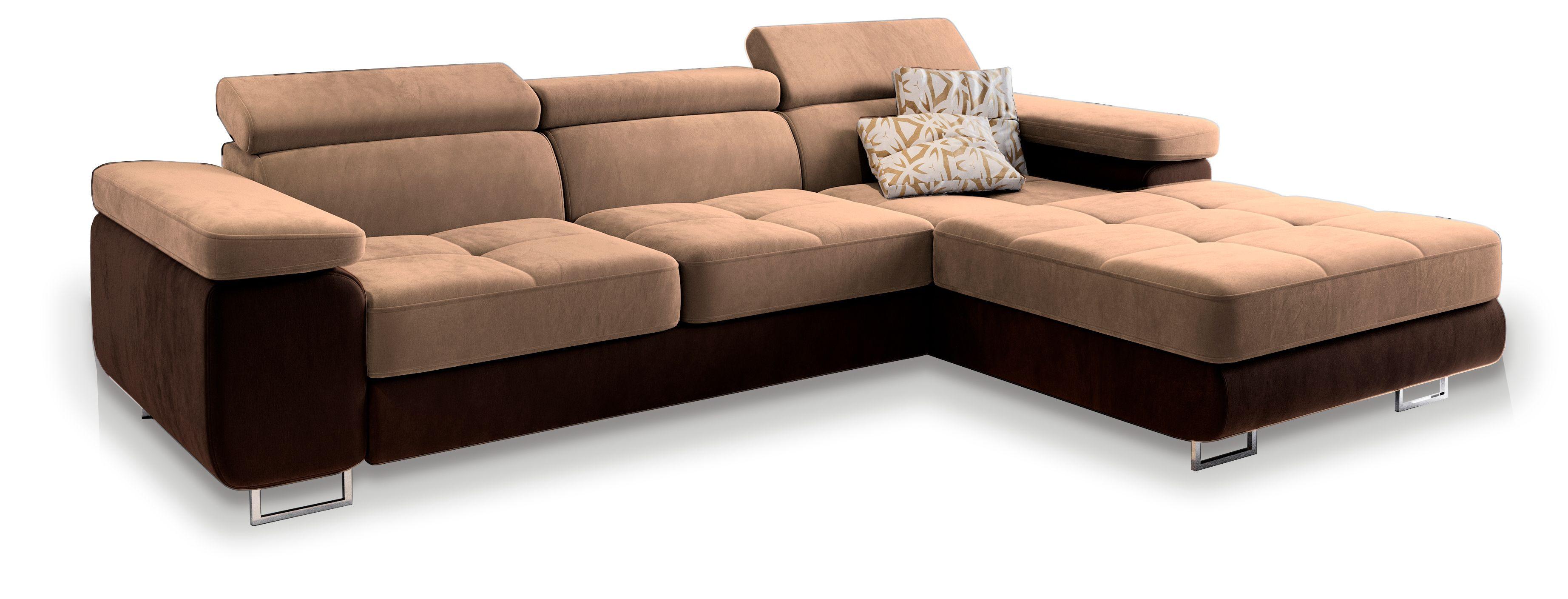 ECKSOFA ELMA R-S Beige Velours-Stoff mit Schlaffunktion - Beige/Silberfarben, Holz/Textil (280/205cm) - MASSENO