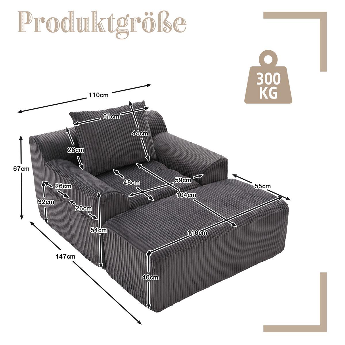 SESSEL mit Hocker in Cord Übergroßer Relaxsessel - Dunkelgrau, Textil (110/67/147cm) - Urban Meuble