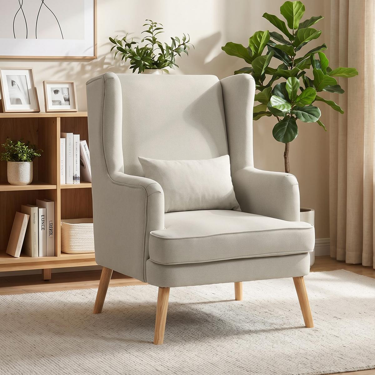 OHRENSESSEL Leinen Gummiholz Beige - Beige/Naturfarben, Holz/Textil (77/110/77cm) - HOMCOM