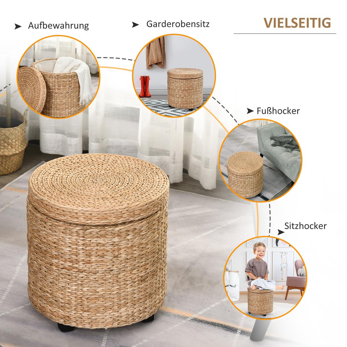 SITZHOCKER mit Stauraum Fußhocker Aufbewahrungsbox Stroh Rattan Khaki - Beige/Schwarz, Holz/Papier (43/43/43cm) - HOMCOM