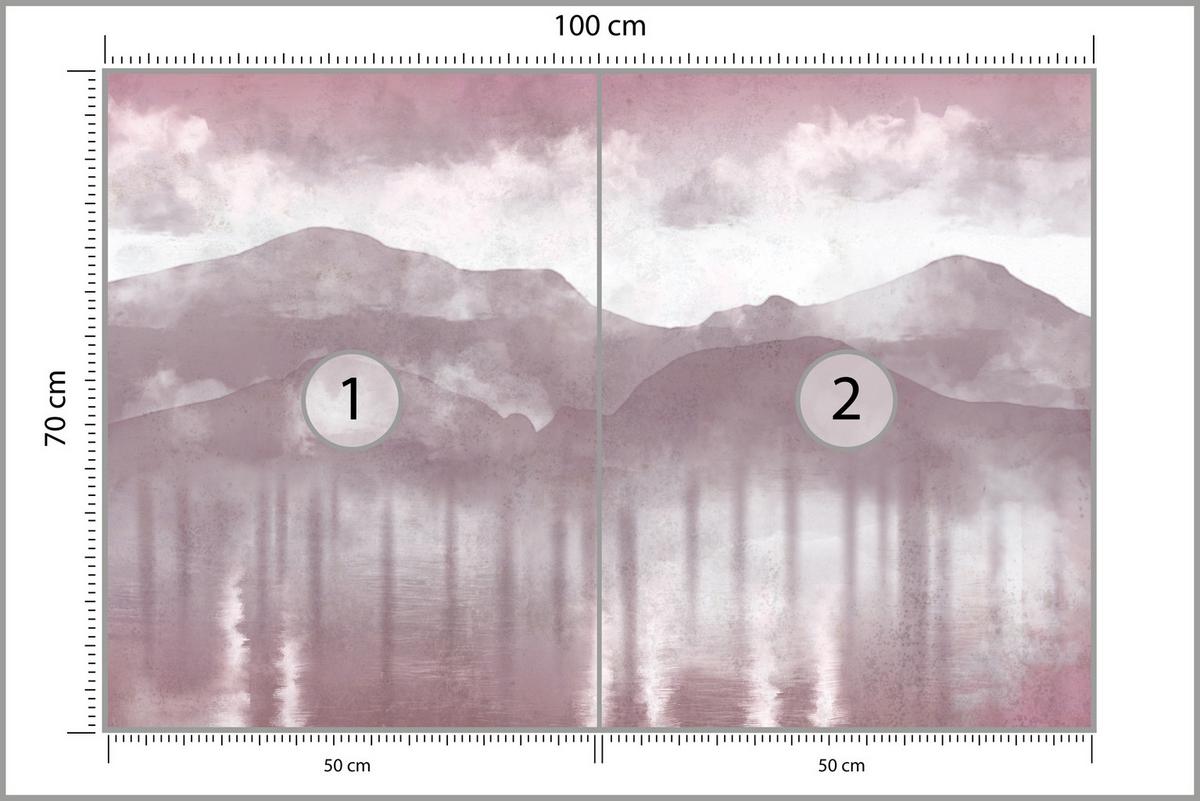 FOTOTAPETE Neblige violette Landschaft Berge 100x70 - Violett/Rosa, Papier (100/70cm) - Muralo