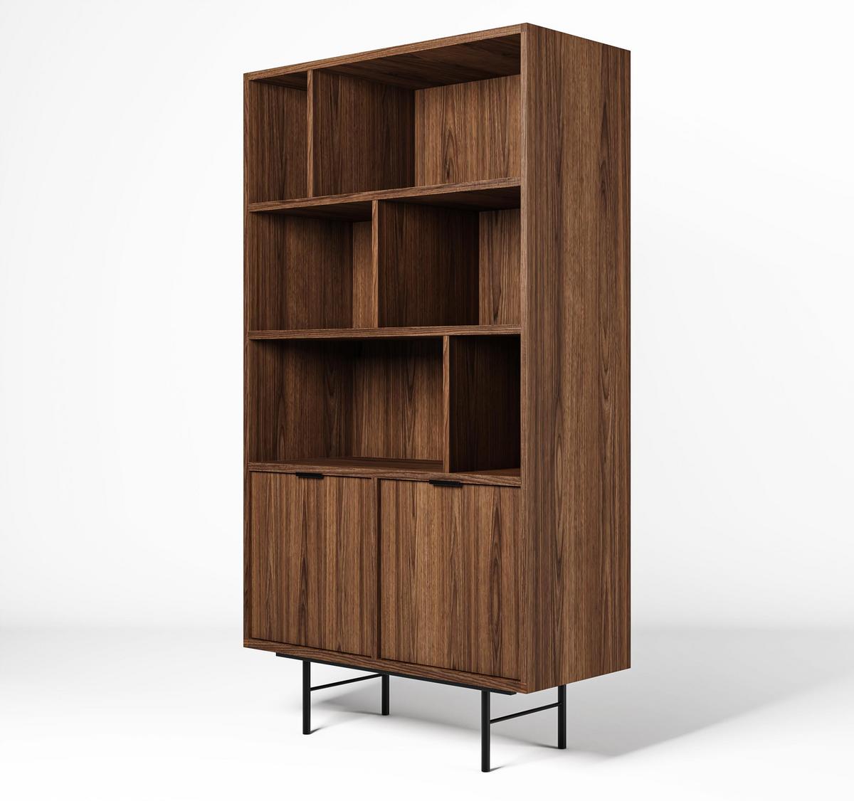 REGAL Nordiva 2T Warmia Walnut 90/185/35 cm – Offene Fächer - Walnussfarben/Schwarz, Holzwerkstoff/Metall (90/185/35cm) - AX Living