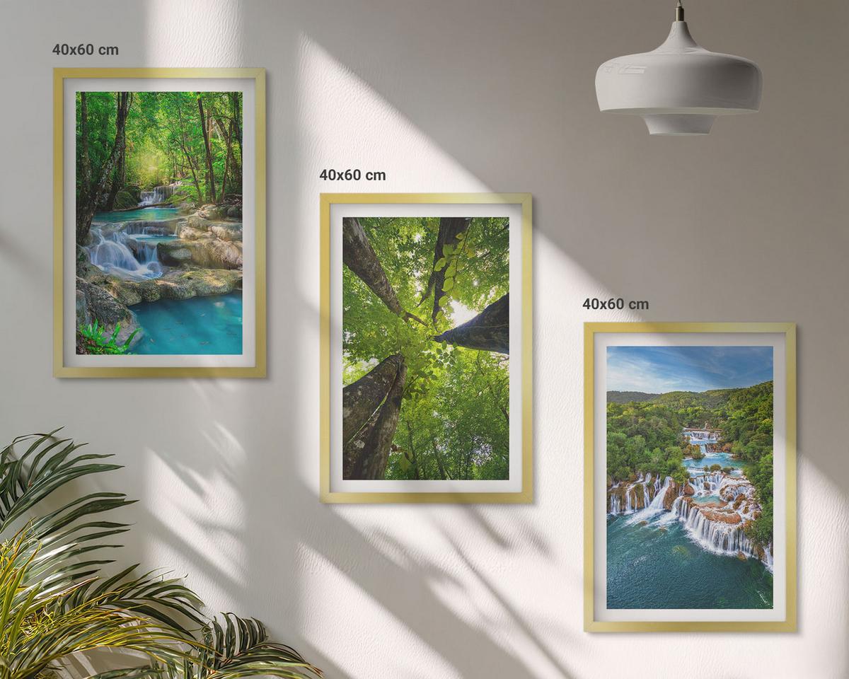 BILDER SET 3er Set - 40x60 cm Goldrahmen - Wasserfälle grüner Wald Wasser - Goldfarben, Kunststoff (40/60cm) - TULUP