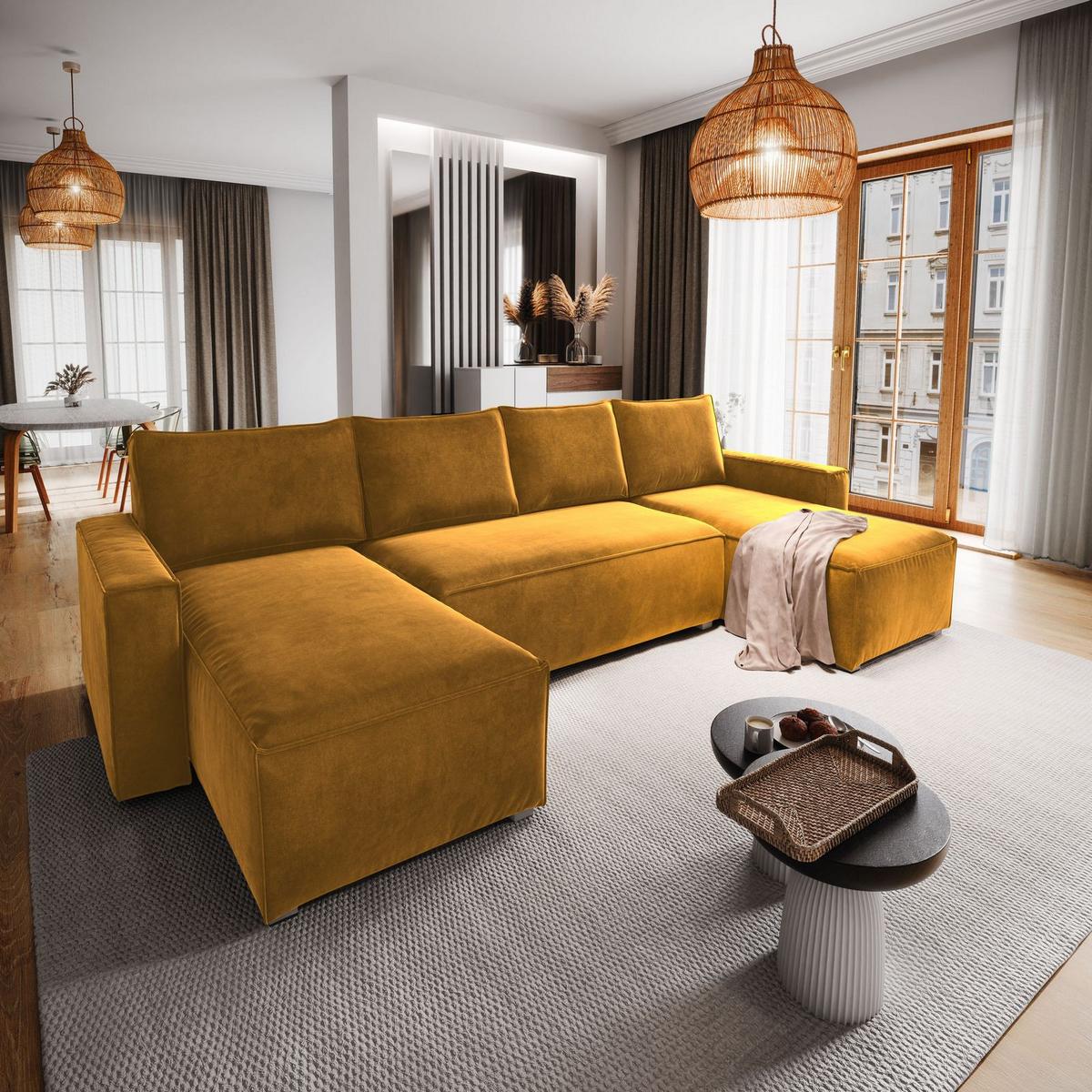 WOHNLANDSCHAFT DENI Gelb Velours-Stoff mit Schlaffunktion - Gelb/Grau, Holz/Kunststoff (295/85/140cm) - MASSENO