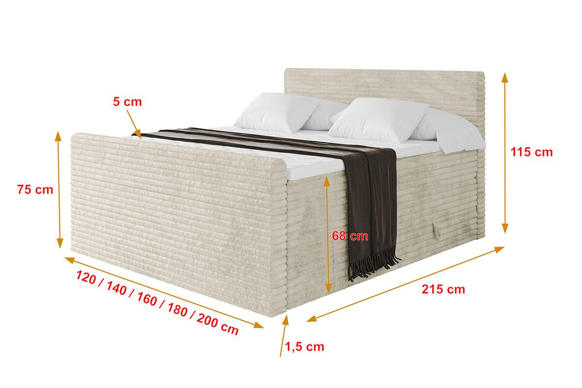 BOXSPRINGBETT mit Matratze H3|H4 und Lattenrost - TOLO-Z KING-v1 120x200 Cord - Creme - Champagner, Holzwerkstoff (120/200cm)