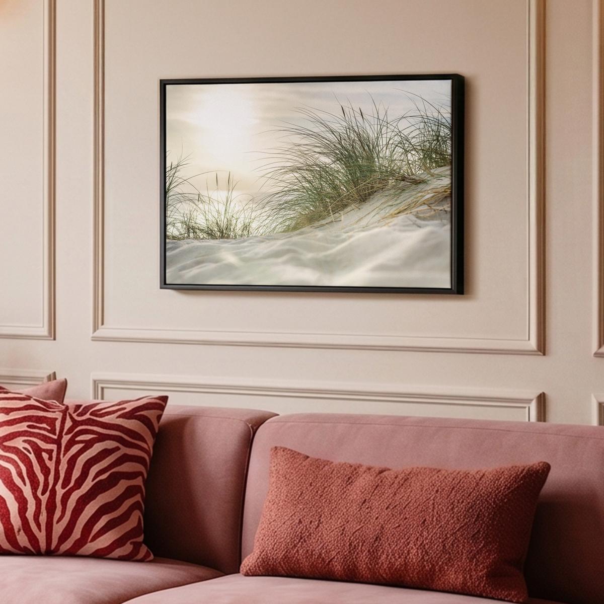 LEINWAND Bilder mit Rahmen - Dünen mit Strandhafer in der Sonne des Nationalparks Schleswig-Holsteinisches Wattenmeer - 60x40 - Creme, Textil (60/40cm) - MuchoWow