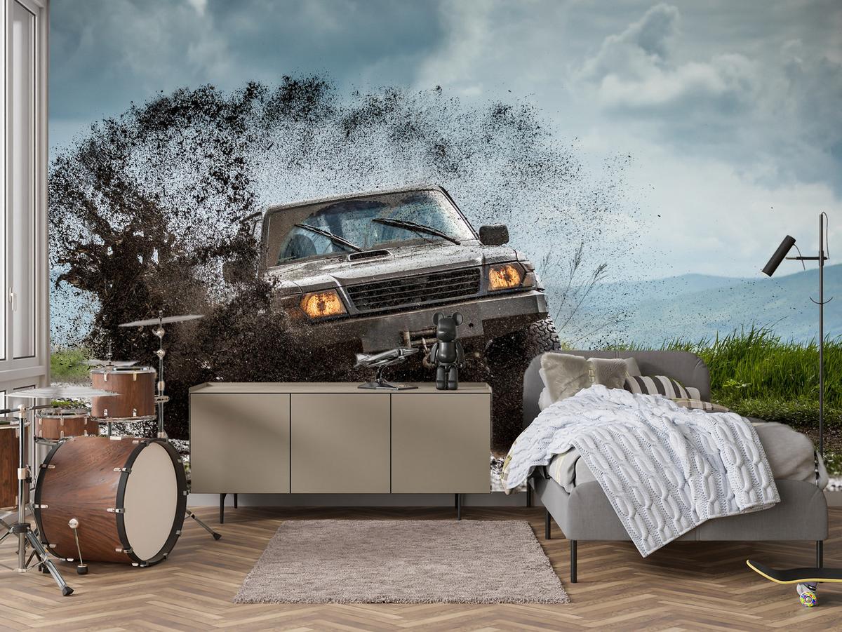 FOTOTAPETE für Jugendzimmer Jeep Schlammiges Bergterrain 100x70 - Schwarz/Braun, Papier (100/70cm) - Muralo