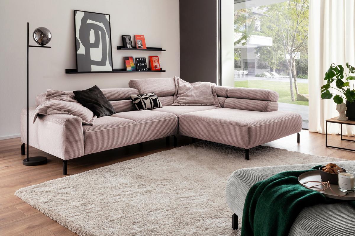 ECKSOFA DELIA Pink Cord - Schwarz/Rosa, Textil/Metall (312/219cm) - KAWOLA