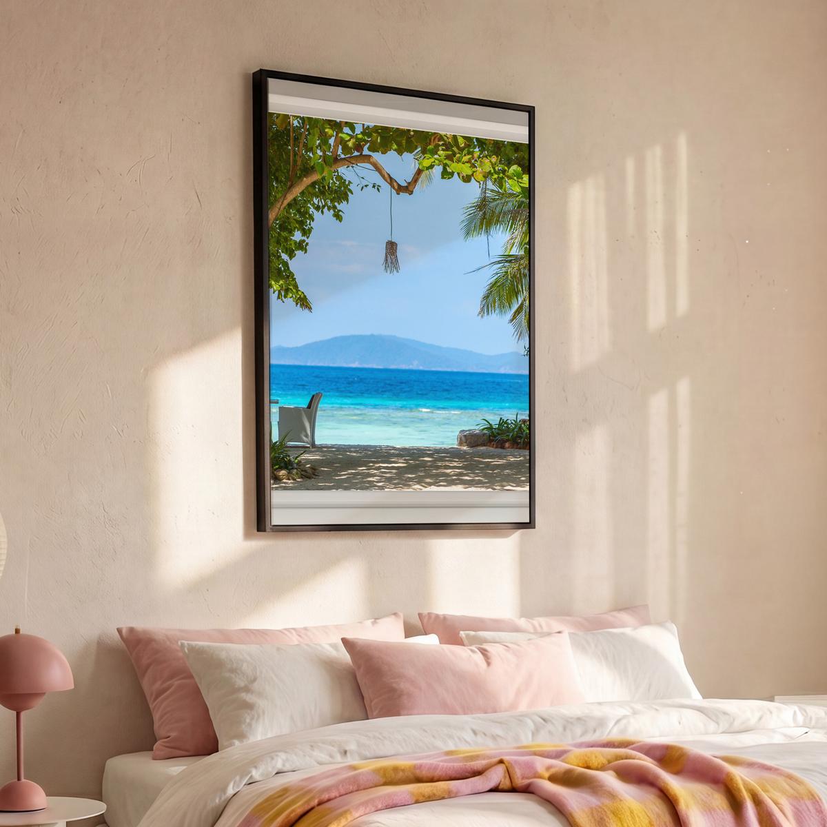 LEINWAND Bilder mit Rahmen - Aussicht - Baum - Meer - Palme - Hügel - Strand - Blau - 80x120 - Blau, Textil (80/120cm) - MuchoWow